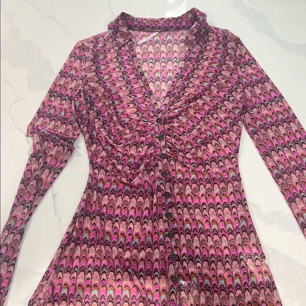 Free People Pink and Purple Fit and Flare Long Sleeve Dress
